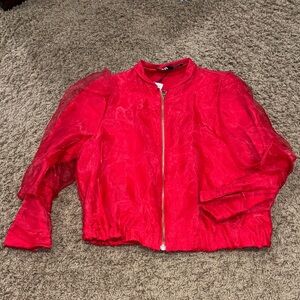 Zara Red Sheer Bomber Jacket with Zip Front